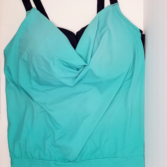 Swimsuits for All Turquoise and Blue Cowl Neck Tankini Swim Top- Size 46DDD - Picture 2 of 11